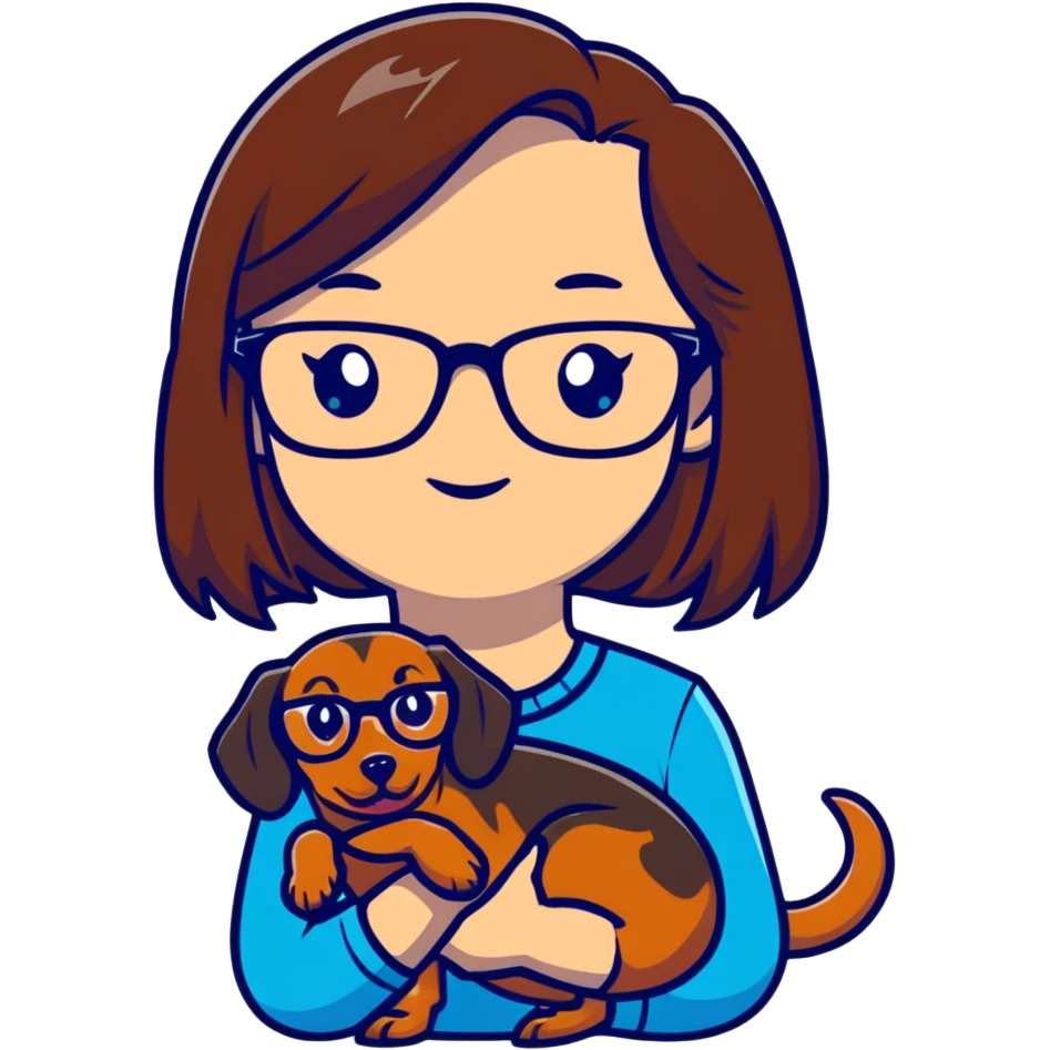 white girl with brown hair and glasses holding a dachshund emoji