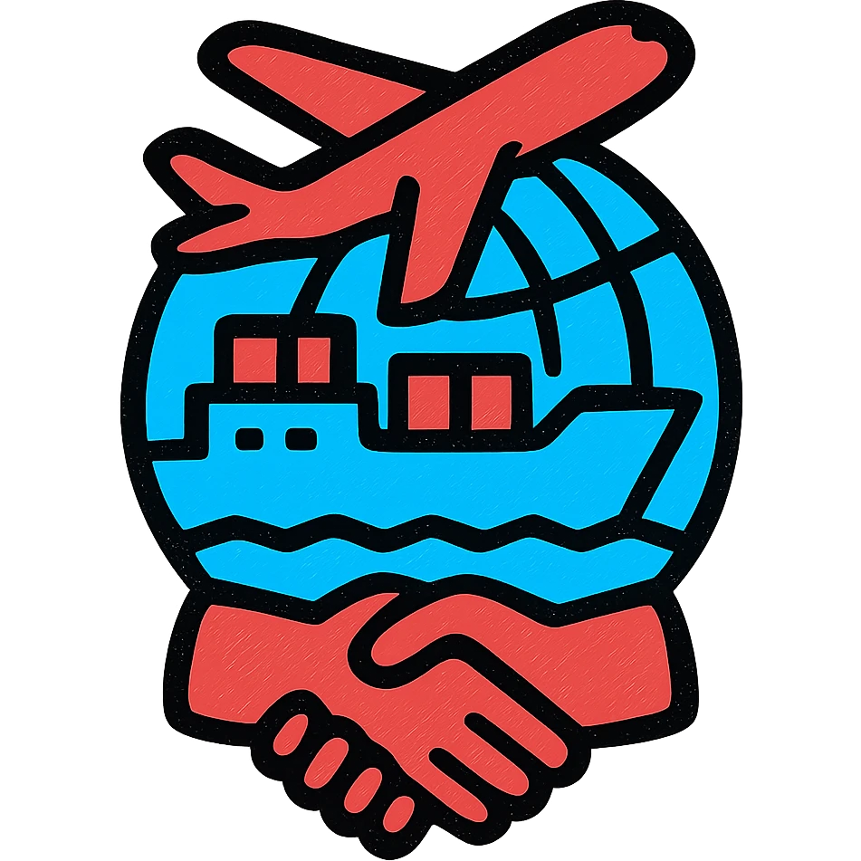 A bright icon of a cargo ship and airplane symbolizing global partnership, using only colors #1E90FF, #F13816, and #FFFFFF emoji