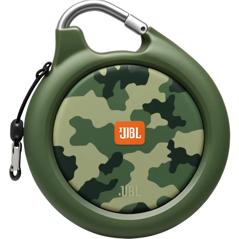 Highly simplified JBL Clip 4 speaker with proper circular form and carabiner clip, subtle green camouflage pattern, iOS emoji style emoji