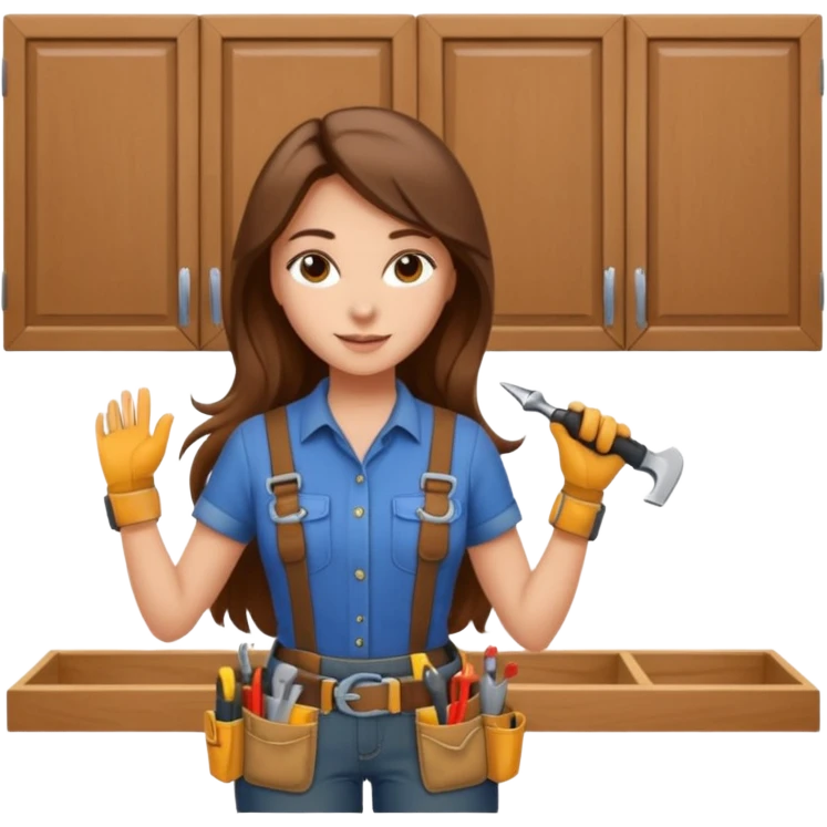 beautiful girl with long brown hair constructing new kitchen cabinets emoji