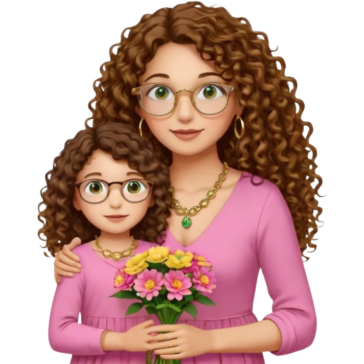 light skinned brunette long curly haired woman with green/hazel eyes framed with large round gold rimmed glasses holding big bright bunch of flowers with one hand and young kindergarten age daughter's hand (also with long brown curly hair) in other. White background. emoji