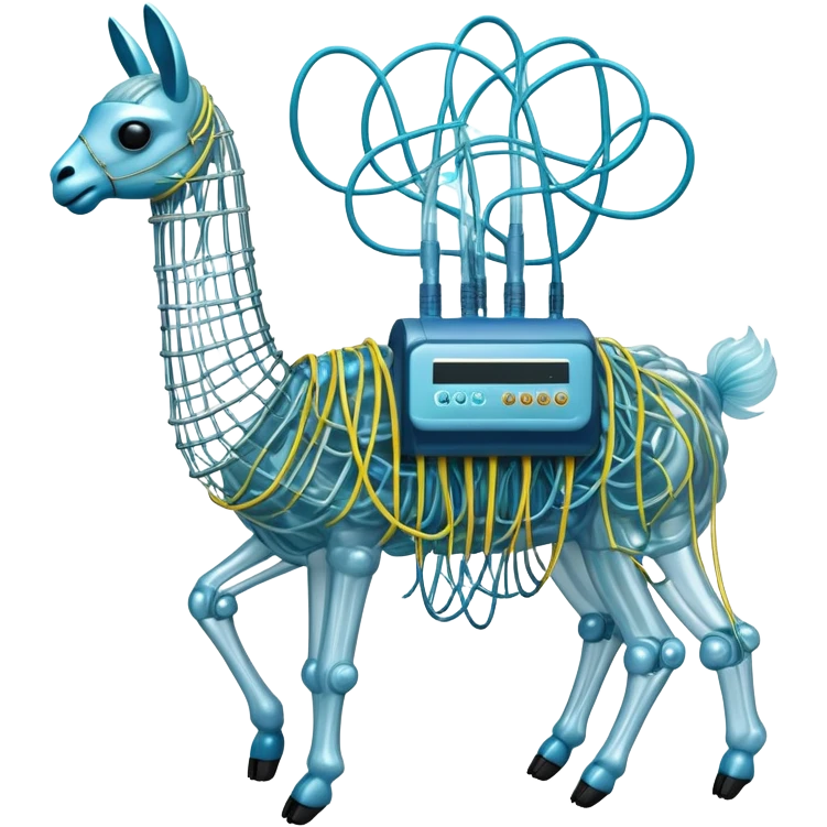A high-tech llama made of electric wires and cables with rubber scales that reveal its electric skeleton, possessing both jellyfish-like tendrils and the ability to generate electrical pulses that illuminate the ocean depths. emoji