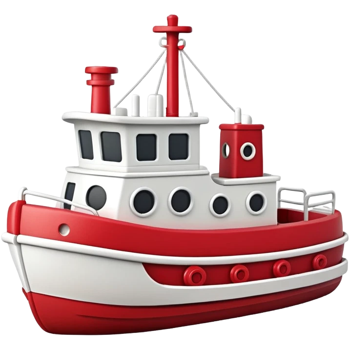 A wooden toy tugboat with a happy face and rosy cheeks emoji