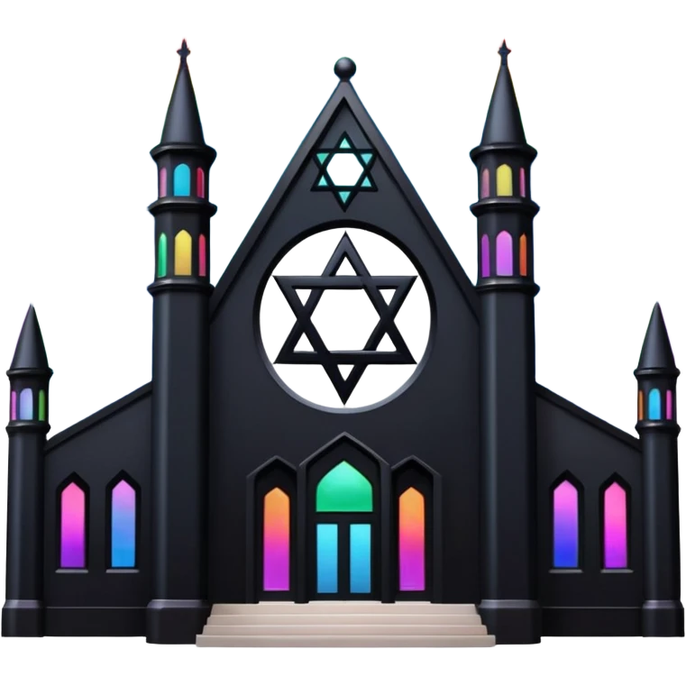 jewish synagogue temple in dark goth aesthetic style with black building and very light rainbow tint glass windows and star of david and celestial symbolism emoji