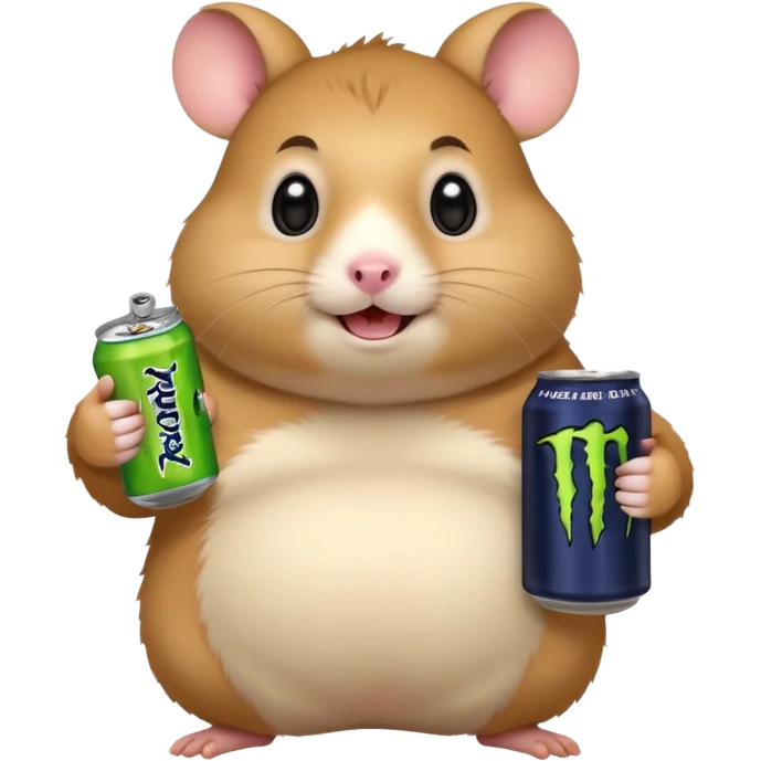Funny cartoon-style fat hamster with big wide eyes  holding a can of monster energy in one hand and redbull in the other hand emoji