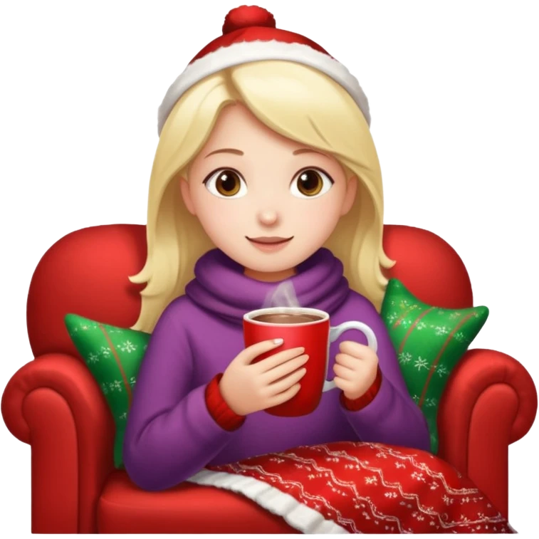 Girl celebrate christmas on the sofa, with hot chocolate, warm sock, warm blanket emoji