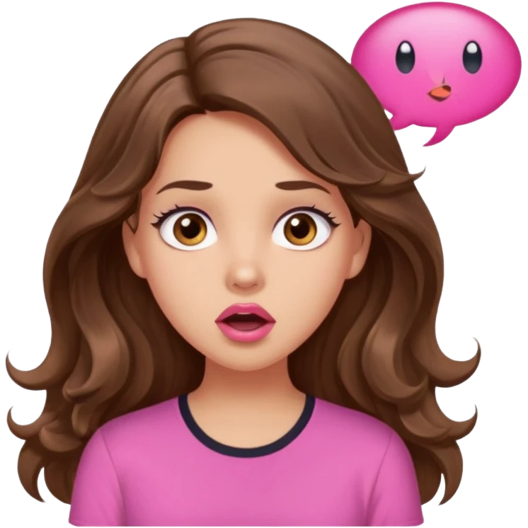 girl with long wavy brown hair, brown eyes, light to medium complexion, in a pink shirt, pink lips, long lashes, surprised, wow speech bubble emoji