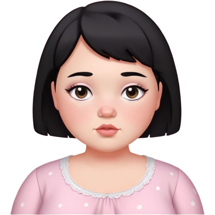 black short haired chubby girl with black eyes and fair skin with freckles in a light pink coquette blouse emoji