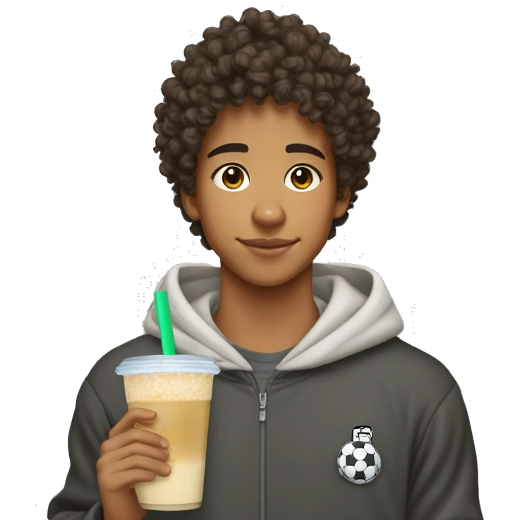 15 year old boy. Olive skin, curly hair, soccer player. Wearing a hoodie and fit. Drinking boba tea emoji