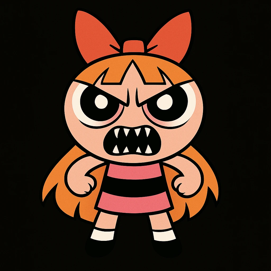 Make Blossom from Powerpuff Girls scary like the reference, with a menacing face, sharp teeth, intense eyes, but keep her signature pink dress and bow, cartoon style, black background. emoji