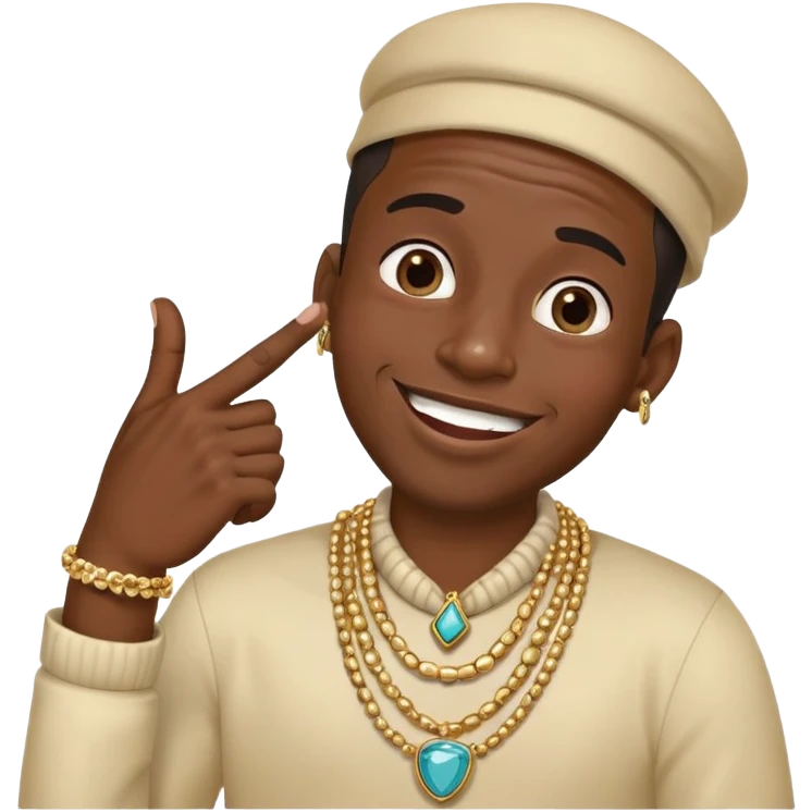 Giggling black man with jewelry covering his mouth with his right hand with one thumb and four fingers only emoji