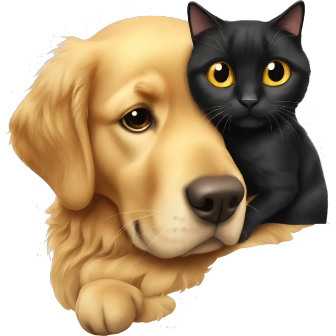 Golden retriever cuddles with a black cat emoji