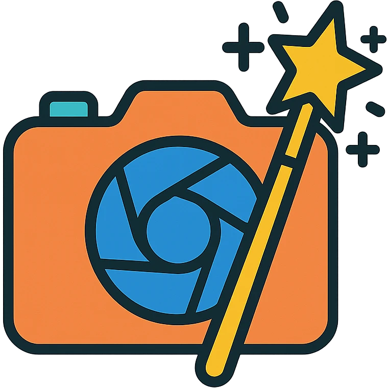 logo for photo restoration featuring a camera lens and a magic wand, clean and modern style emoji