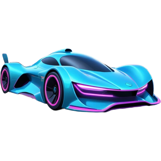 A futuristic racing car with glowing neon lights, sleek aerodynamic design, and a cyberpunk cityscape in the background. The car is speeding through a neon-lit street with high-tech buildings and holograms." emoji