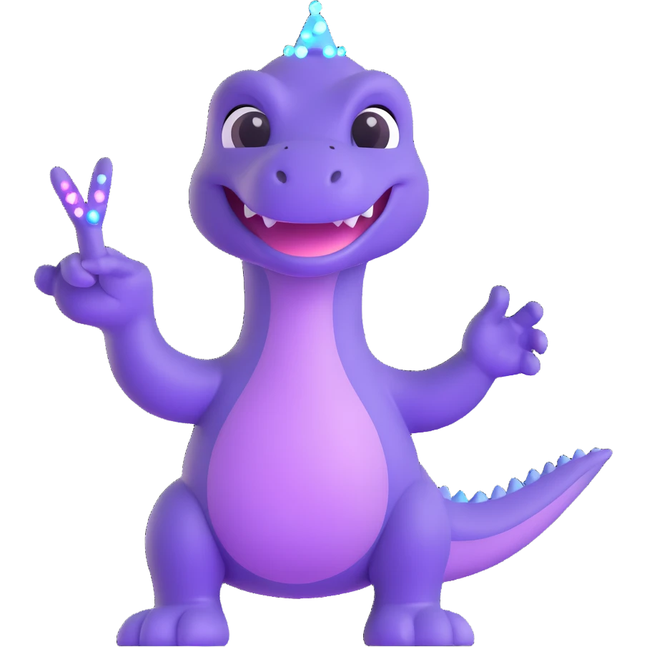 cute little purple dinosaur doing a peace sign with sparkles emoji