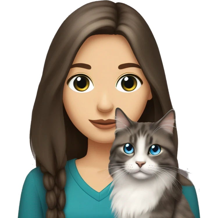 long straight haired blue eyed brunette woman holding norwegian forest cat with amber eyes emoji