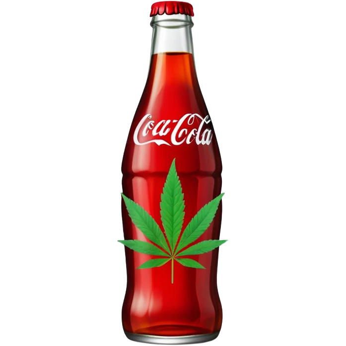 Curved Coca-Cola style glass bottle in red with a green cannabis leaf printed on it and labeled "red pop" emoji