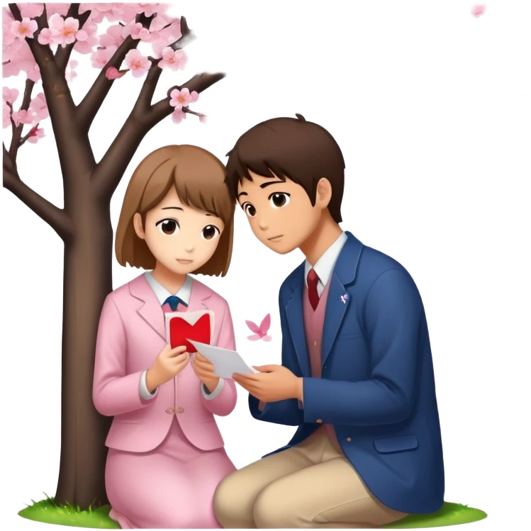 Japanese high school boy confessing love to a girl under cherry blossom tree with love letter emoji