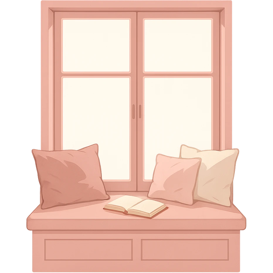 pink window seat with cushions and a book, peaceful emoji