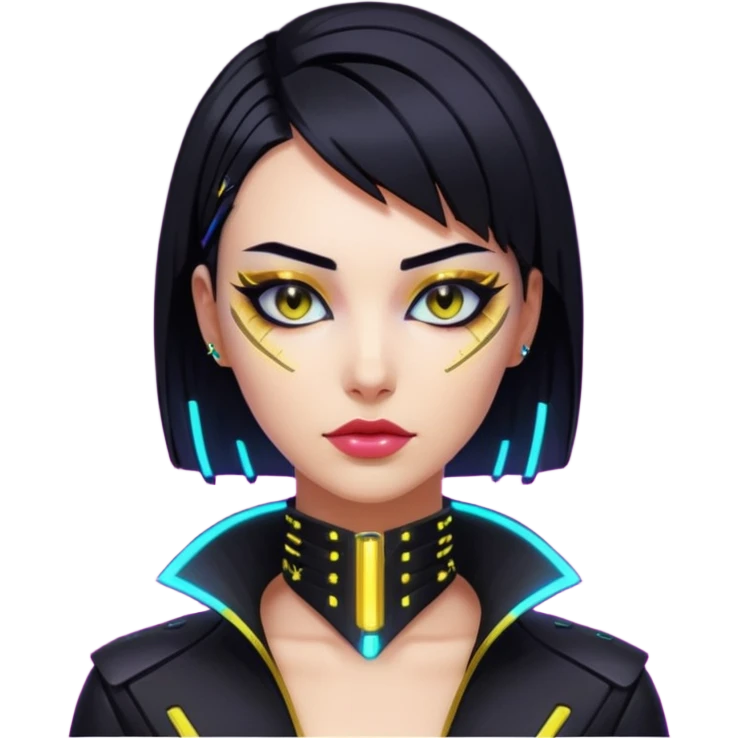 Cyberpunk woman, sleek black bob, gold neck cyberware, sharp eyeliner, neon lighting emoji