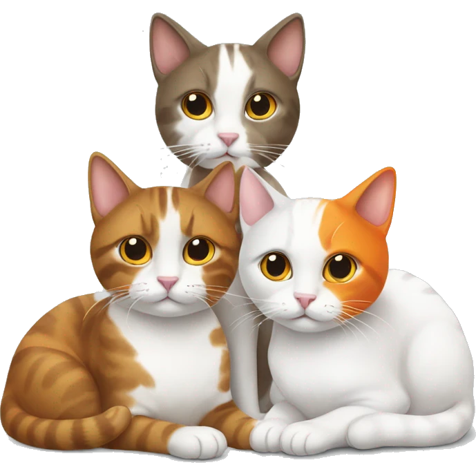 Three cats sitting together one brown, one white, one orange and white emoji