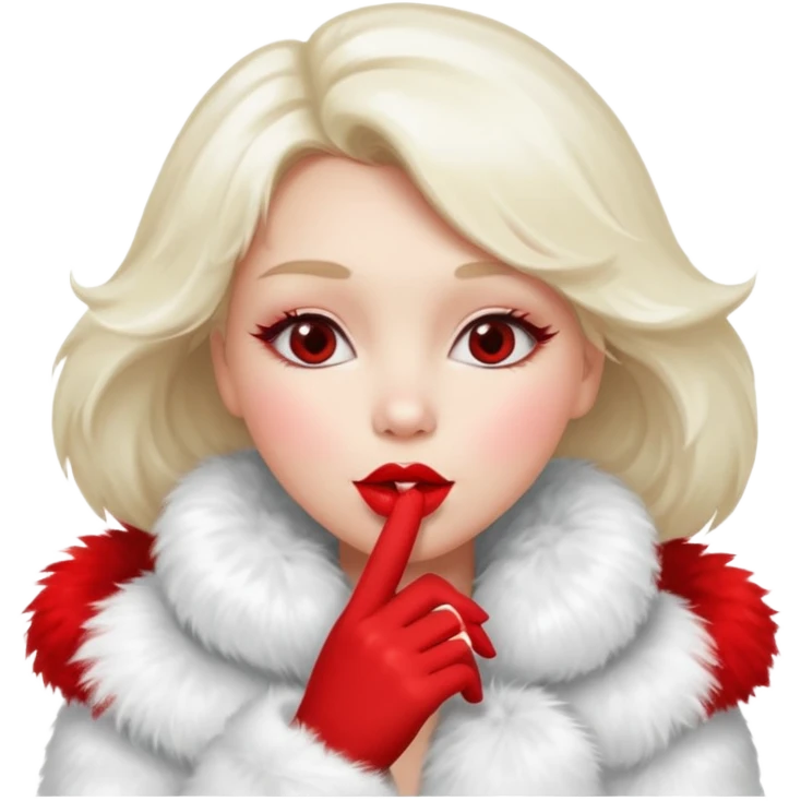 A beautiful, cute girl with red lipstick on her lips is posing for a photo in a white fur coat, and she's seen in full view, blowing a kiss. emoji