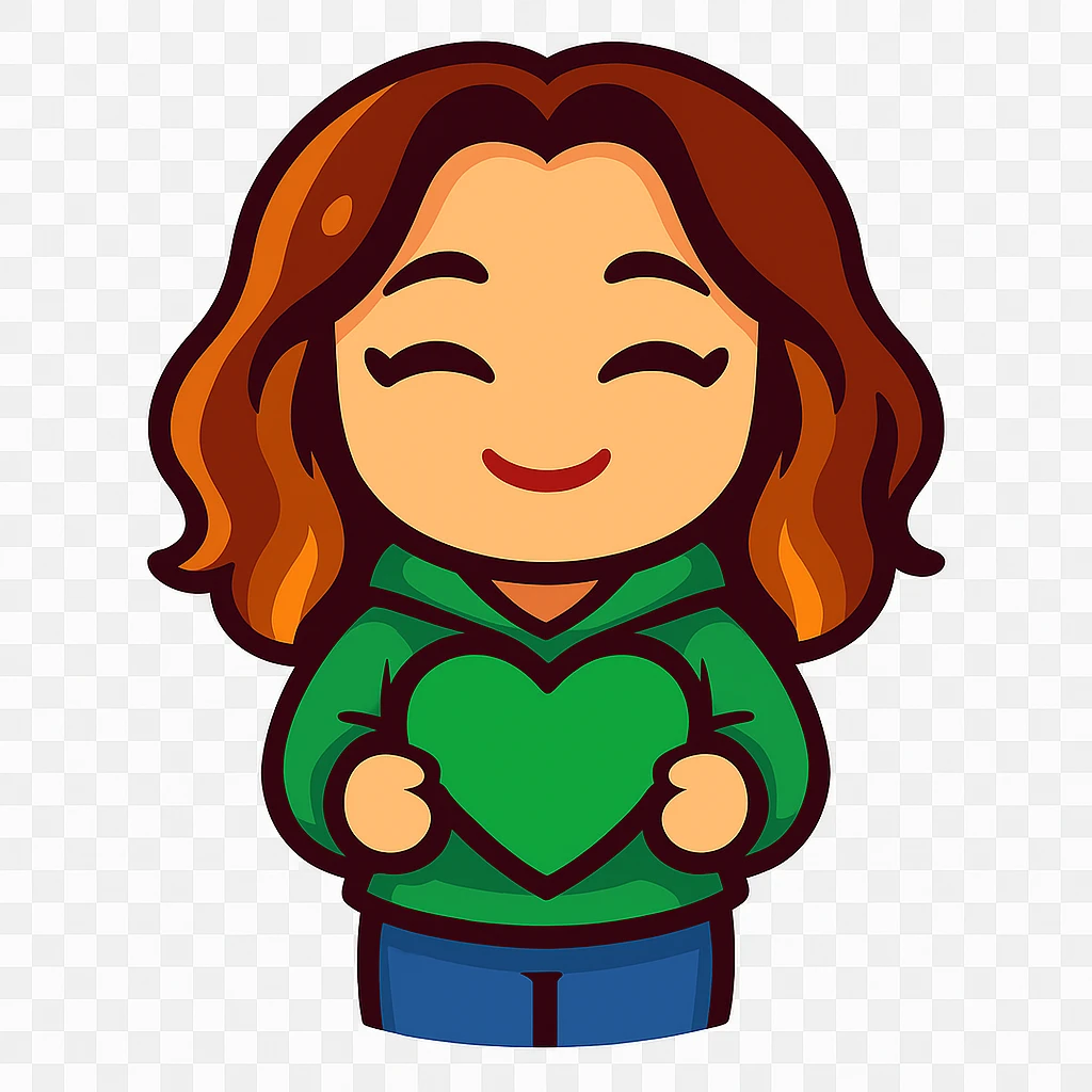 Update this chibi emote to remove the headband, sparkles, and wand. Change the outfit to a green hoodie and jeans, holding a green love heart emoji