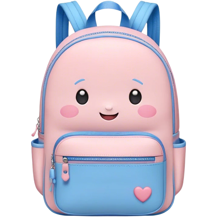Cute Kawaii Backpack, round and chubby, soft pastel pink and blue, tiny heart-shaped zippers, blushing cheeks, a tiny smiling face, a happy school-time companion! emoji