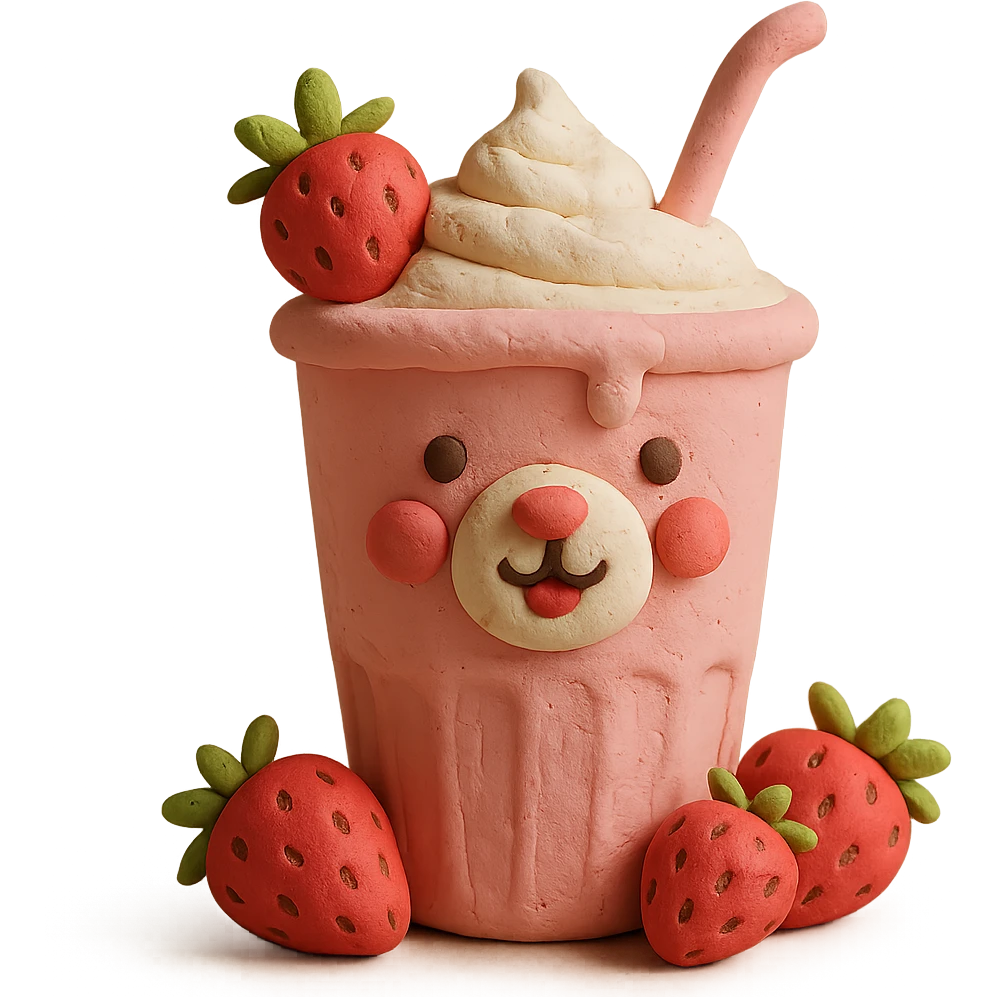 3D claymation style strawberry milkshake cup with a straw, bear character peeking out, two strawberries with green leaves, pastel palette, soft shadows, minimal design, no background emoji