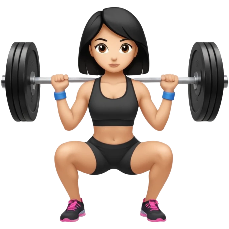 Fitness girl doing the squat with bar and weight, black hair emoji