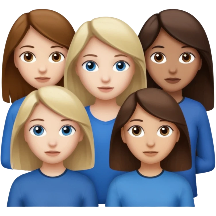 a group of 3 people where two are in the back one in the front -
1. Girl has white skin, brown hair, brown eyes
2. Girl has white skin, dirty blonde hair, blue eyes
3. Girl has tan skin, dark brown hair, dark brown eyes emoji