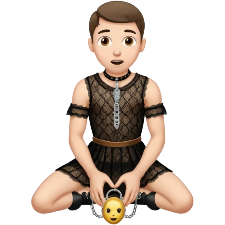 Submissive man on knees wearing female clothes and chastity emoji