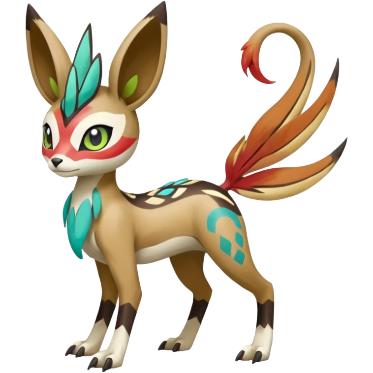 Tribal Colorful Exotic Fionbri-Kalon-Falvie-Vernid-Meloetta-Pokémon-Fakémon-Digimon-Spectrobe-hybrid-fusion, full body, with painted paint splash markings  emoji