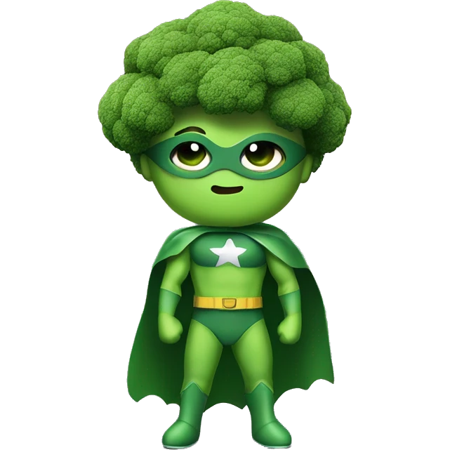 kawaii cute funny mini superhero with green clothes and a broccolis as hair,  full body saying hello emoji