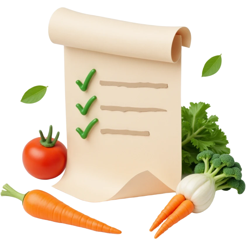 floating rolled paper list with green checkboxes and around vegetables emoji