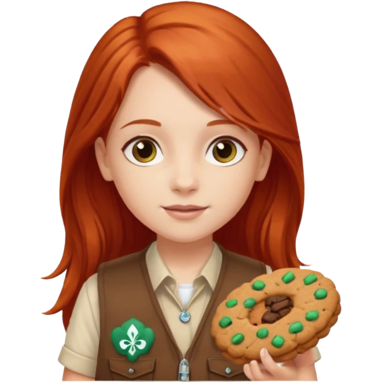white girl scout with red long hair selling cookies with a brown Girl Scout vest and white shirt under vest. She should be around 10 years old emoji