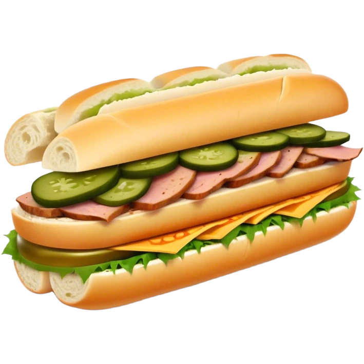 Cinematic Realistic B√°nh m√¨ Sandwich Dish Emoji, showcasing a crusty baguette filled with savory meats, pickles, and fresh herbs rendered with dynamic detail and appetizing lighting. emoji