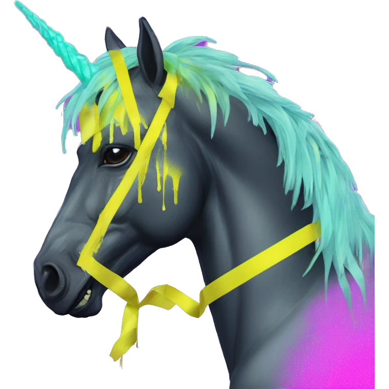.Zombie_ Vaporwave black holographic oilslick zombie unicorn yellow caution tape graffiti Pegasus emoji