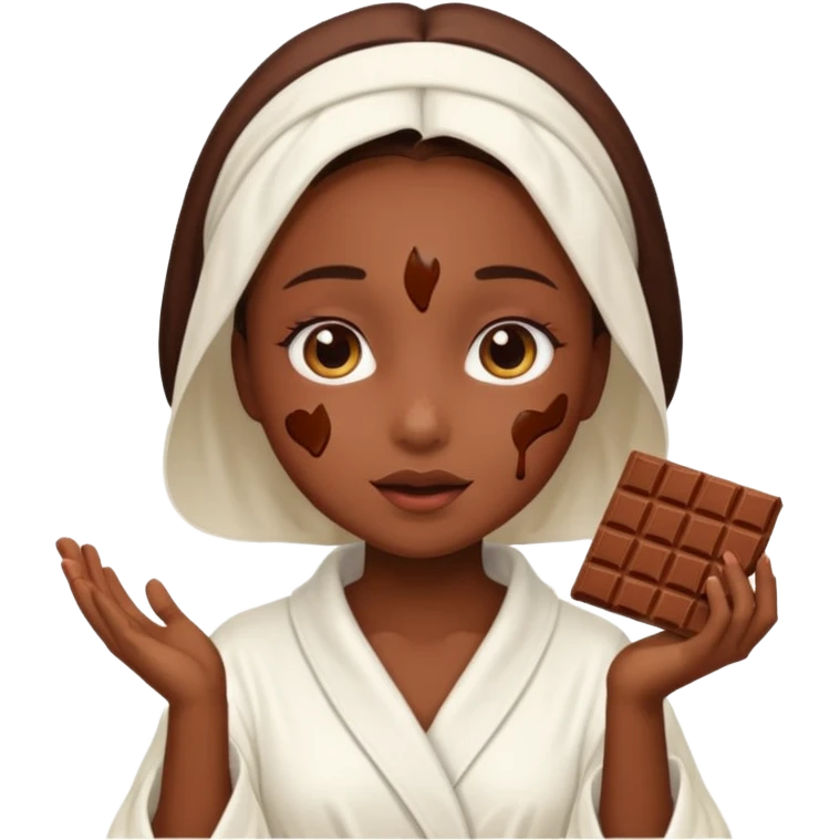 girl having facial wearing white robe, chocolate facial emoji