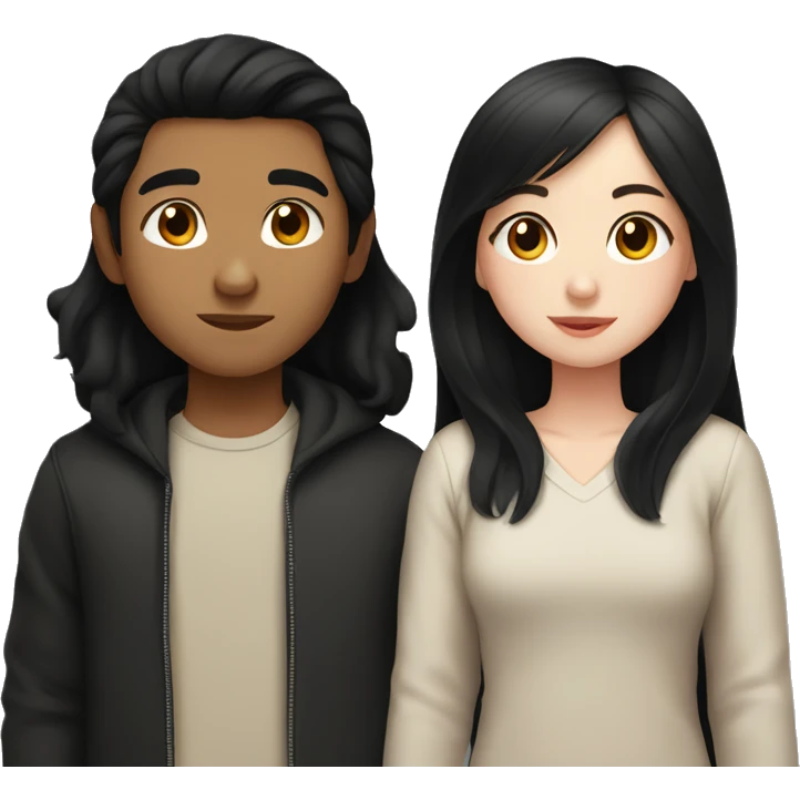 Asian boy with pale skin and dark black hair with Hispanic girl brown skin long black hair in a heart kissing  emoji