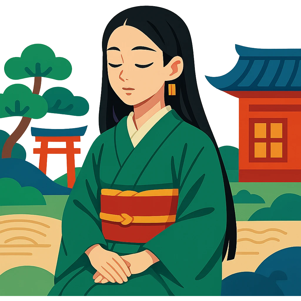 Tsuguko from Demon Slayer, calm pose, traditional Japanese background, serene expression emoji