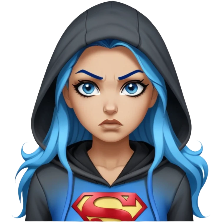 Female-Very tall-very very very large chest-really angry-waitin-very long straight flat black to sky blue hair ombre-blue eyes-black eyeliner-long eyelashes-hoodie with glitter superman logo-leggings-lippierced emoji