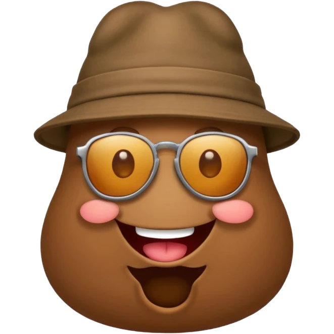 smiling poop character with sunglasses and a trendy hat emoji