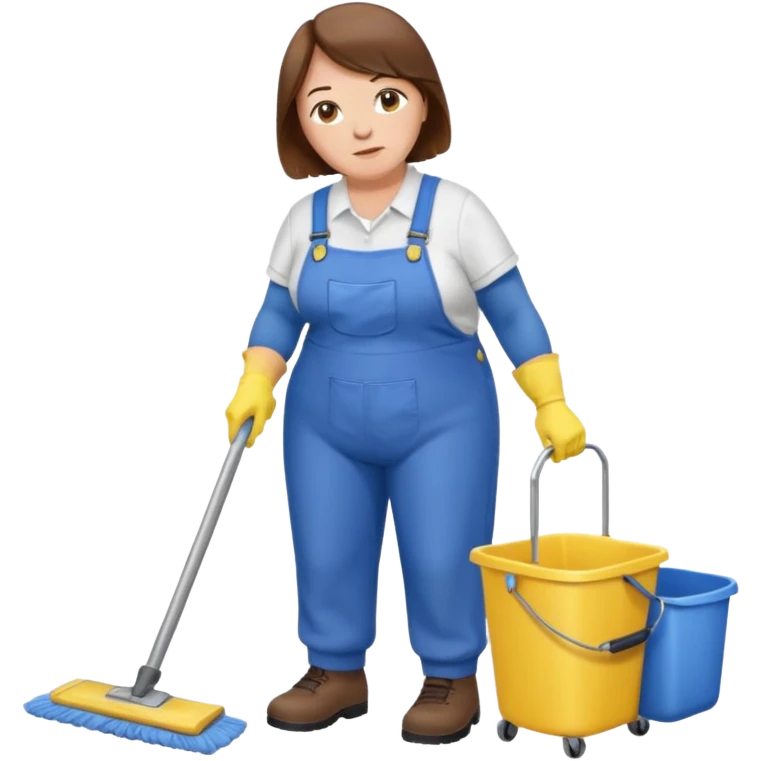 old and fat women, brown hair, Custodian with yellow rubber gloves, white T-shirt, blue overalls, mopping floor emoji