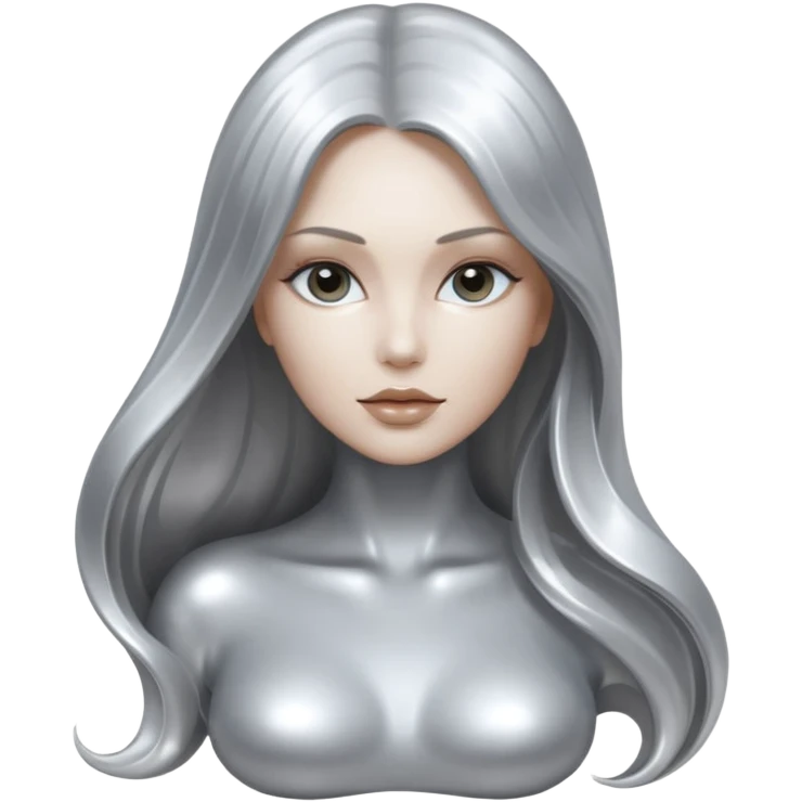 abstract sensual body silhouette, liquid silver chrome, smooth curves,chrome silver long hair, chrome metallic silver full face  and body emoji