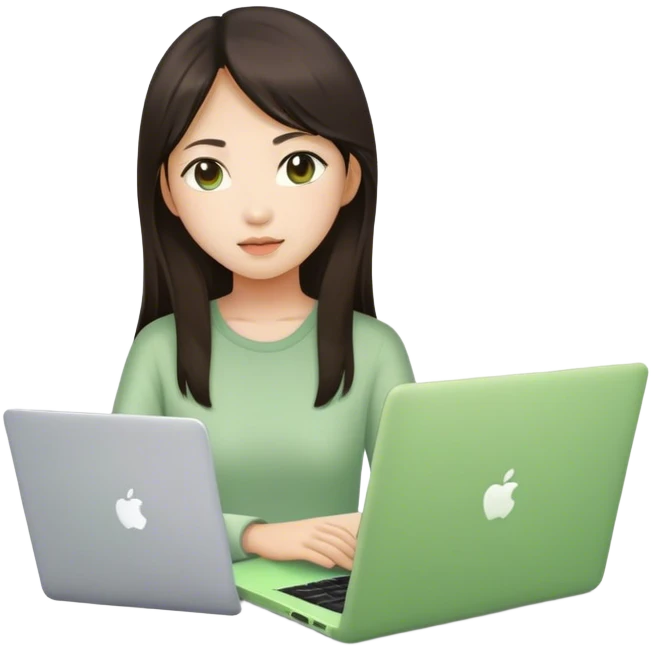 Long brunette Asian girl with light green laptop  emoji