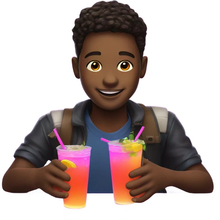 smiling boys in neon lights holding drinks emoji