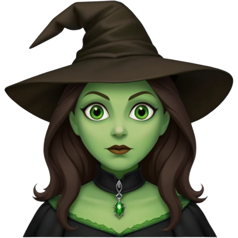 Wicked Witch of the West from the Wizard of Oz with green skin and eyes, brown long hair, black outfit emoji