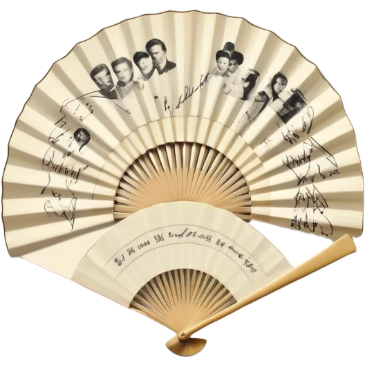 Icon for Autograph Collecting: several vintage sheets in frames arranged in a fan-like pattern, each with a famous celebrity signature. The icon should reflect the charm of collecting autographs in a nostalgic, elegant style. Transparent background. emoji