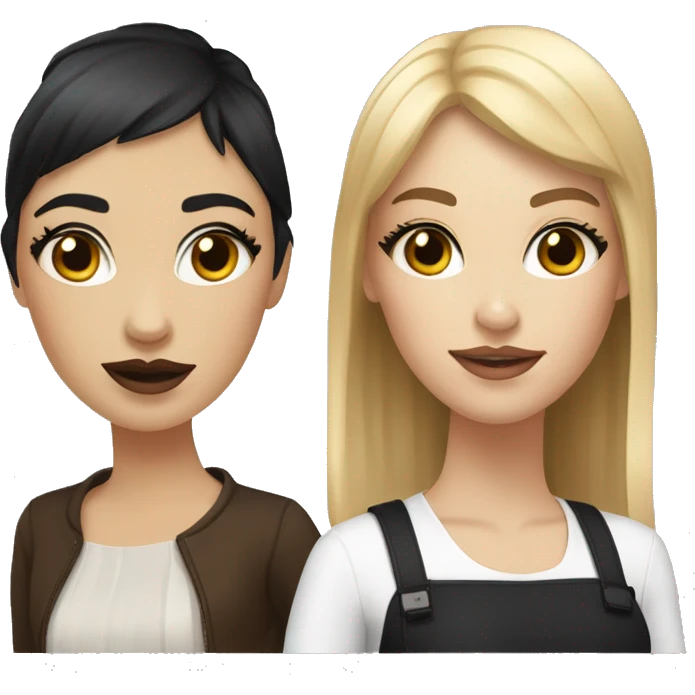 Two white girlfriends. One with brown hair in square, the other with black hair, bangs and a square. In fashionable clothes and beautiful modern makeup emoji